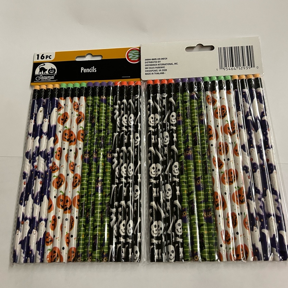 New 2 Packages of Halloween Pencils with Erasers 32 Pencils Total made Thailand